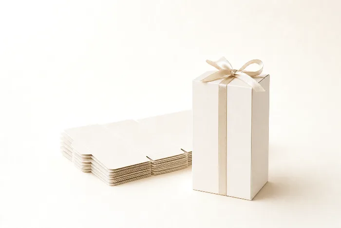 Blank folding carton tied with a thin satin ribbon standing in front of a stack of flat unfolded carton blanks.