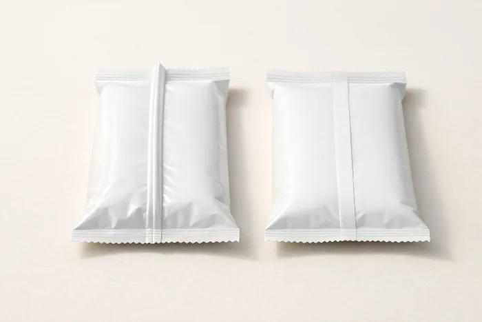 Two blank white flow-wrapped pouches: the left with a raised fin seam standing up along its back, the right with a flat lap seam lying flush.