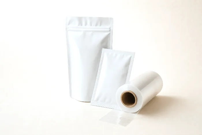 Blank stand-up pouch, flat sachet, and a roll of clear film on a kraft core arranged on seamless paper.