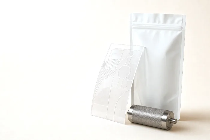 A translucent flexo printing plate leaning against a blank stand-up pouch, with a small engraved metal anilox roller in front.
