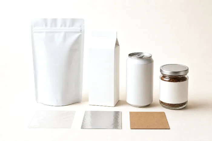 Blank stand-up pouch, folding carton, aluminum can, and glass jar in a row with film, foil, and kraft swatch squares in front.