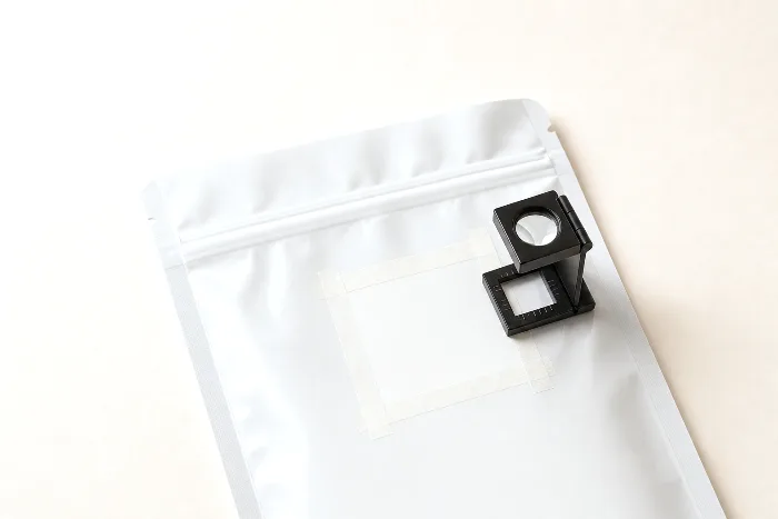 Printer's loupe on a blank pouch corner where a small square is masked off with translucent press-check tape.