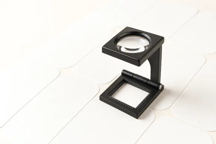 A folding printer's loupe standing on a sheet of blank white die-cut labels, one cut edge in sharp focus under the lens.