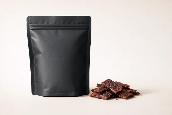 A blank matte black stand-up pouch with a zipper beside a few pieces of dried beef jerky.