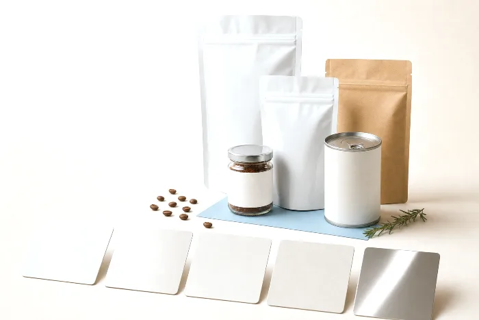 Row of five blank label swatch squares under raking light, ranging from high gloss through matte and soft-touch to metallic.