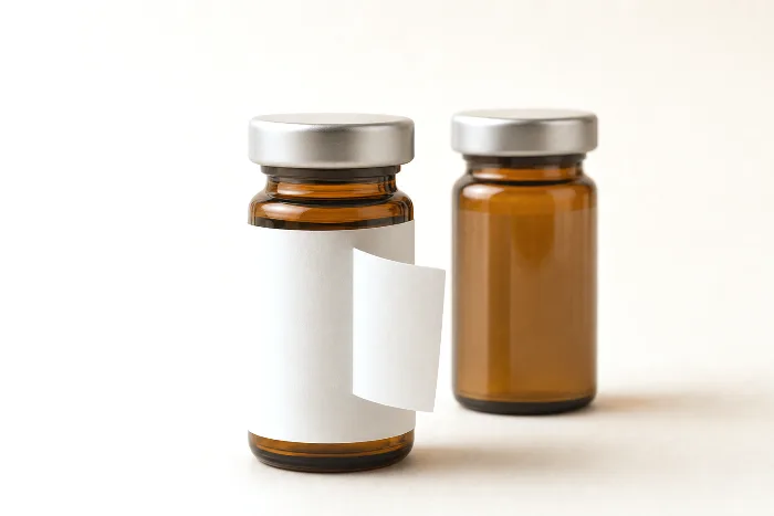 Amber glass vial with a blank label's trailing edge lifted off the curve; a second vial behind it with a thin film label lying flat.
