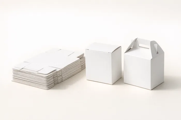 A stack of blank flat-folded printed cartons beside two assembled cartons, like a small quantity fresh off a print run.