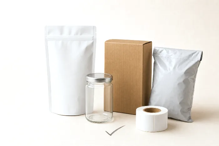 A blank pouch, glass jar, kraft box, poly mailer, and label roll arranged in an arc, with a pencil tick on the paper beneath the jar.