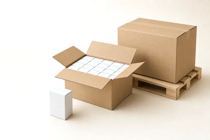 Blank carton, an open corrugated case packed with identical cartons, and a sealed case on a bare wooden pallet corner.