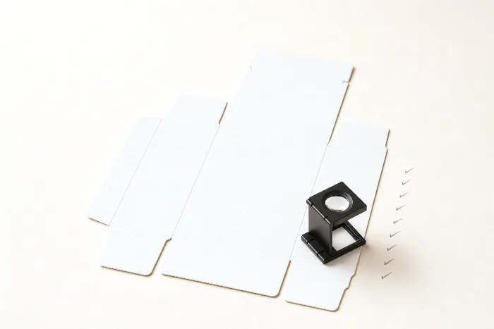 Blank die-cut carton blank lying flat with a printer's loupe resting on its edge and pencil tick marks on the paper beside it.