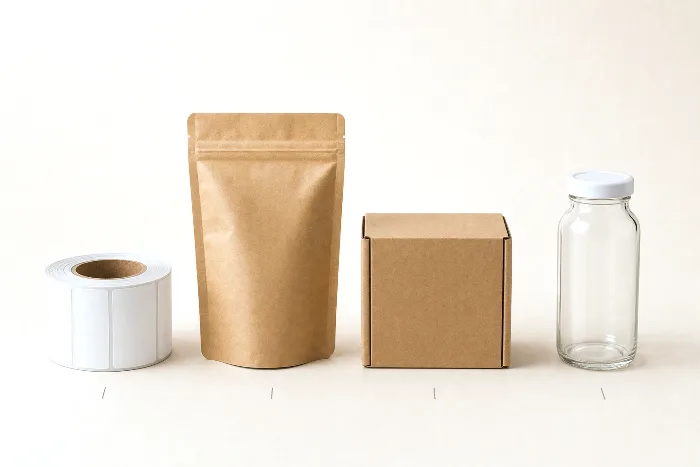 A roll of blank labels, a kraft stand-up pouch, a small corrugated box, and a capped glass bottle lined up on seamless paper.
