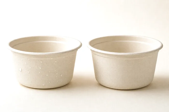Two blank molded-fiber bowls in close-up, one with beading oil droplets, one with a dark absorbed blot.