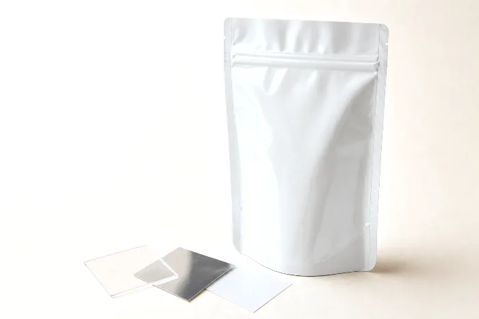 Close view of a blank silver stand-up pouch with a zipper, three laminate film swatch squares fanned in front of it.