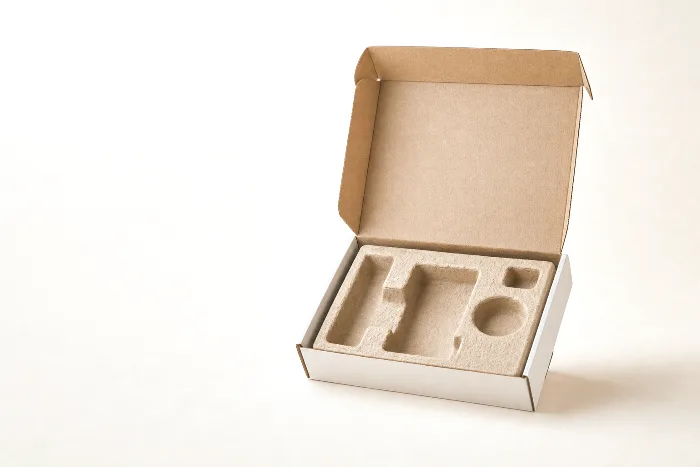 Open blank box with a molded pulp insert beside air pillows, crumpled kraft paper, and a piece of angle board.
