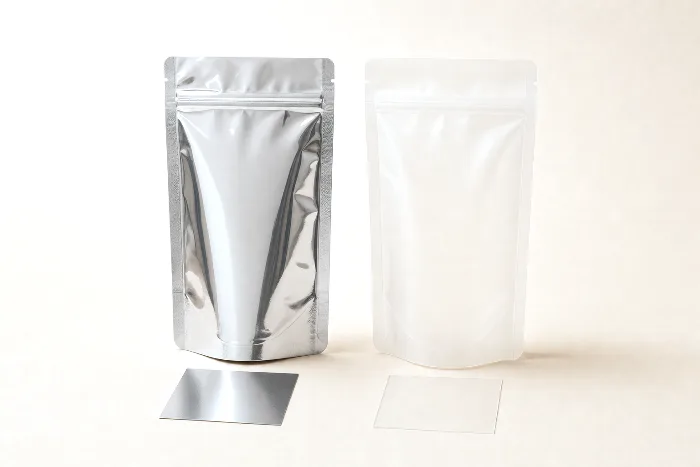 Shiny silver foil pouch next to a matte translucent white pouch, each with a small film swatch square in front.
