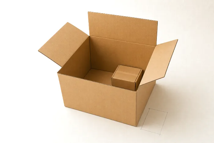 A small blank box sitting inside a much larger open kraft shipping box, empty space visible around it.