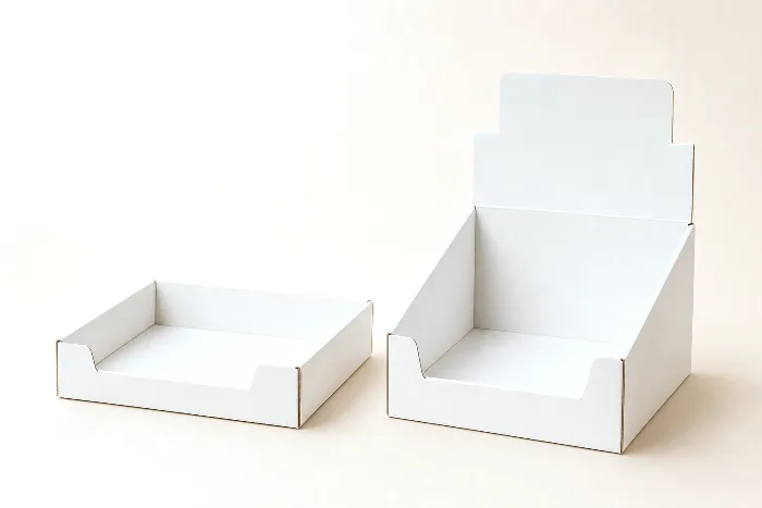 Low blank corrugated tray beside a taller blank display tray with a die-cut front and header panel, both empty, on off-white paper.