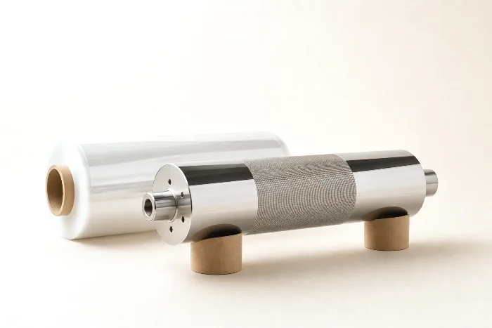 A polished metal gravure cylinder with a matte engraved band, resting on kraft cores in front of a roll of clear film.