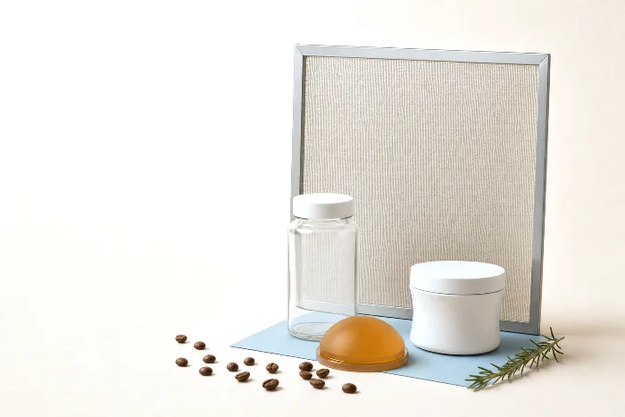 A mesh screen-printing frame, a domed amber silicone pad, a blank glass bottle, and a blank curved white jar on a paper backdrop.