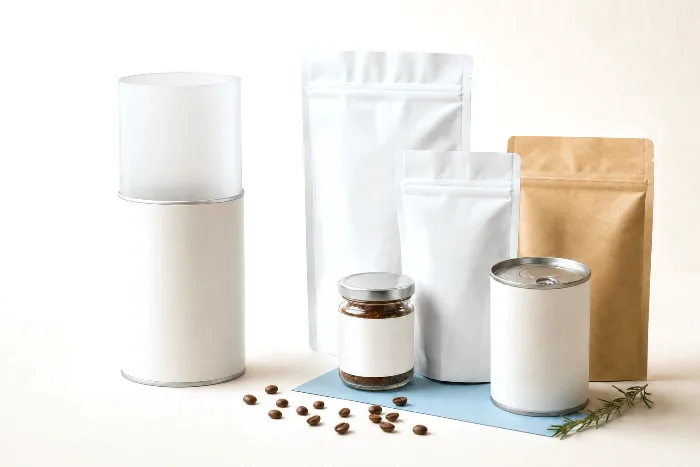 Unshrunk blank shrink-sleeve film tube standing beside an identical contoured bottle wearing the same sleeve shrunk tight to its curves.