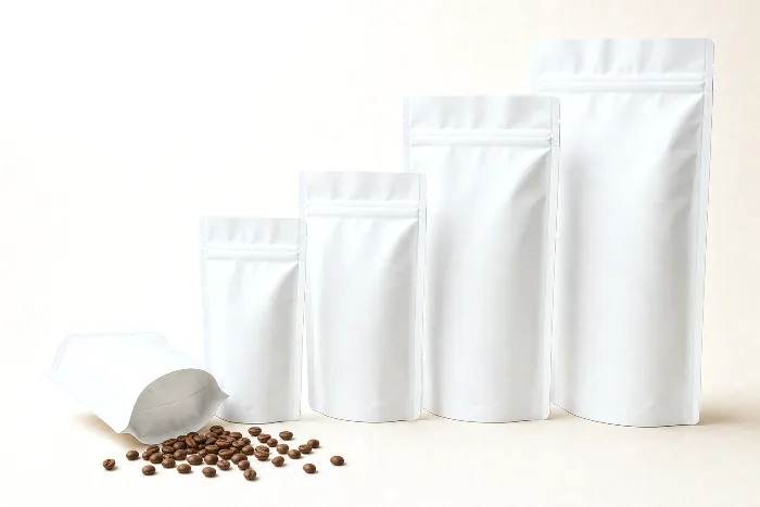 Row of five blank stand-up pouches from small to large, one tipped over to show its bottom gusset, with coffee beans spilled nearby.