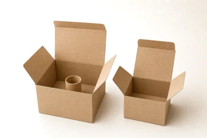 Two open kraft cartons, one oversized with a small kraft core adrift inside, one right-sized with the core fitting snugly.