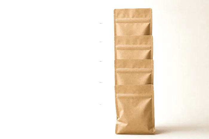 Column of five blank kraft boxes with the bottom box's corner buckled; pencil ticks on the backdrop mark each layer height.