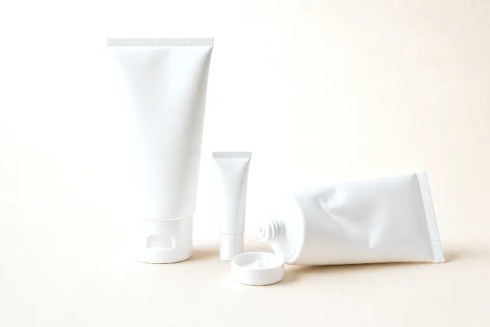 Two blank white squeeze tubes, one standing upside down on its cap and one lying with its cap off beside it, plus a slim sample tube.