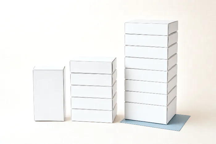 Three stacks of identical blank white cartons in ascending heights, a small colored card tucked under the tallest stack.
