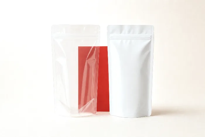 Two blank stand-up pouches, one clear film and one opaque white, with a small red card visible only through the clear pouch.