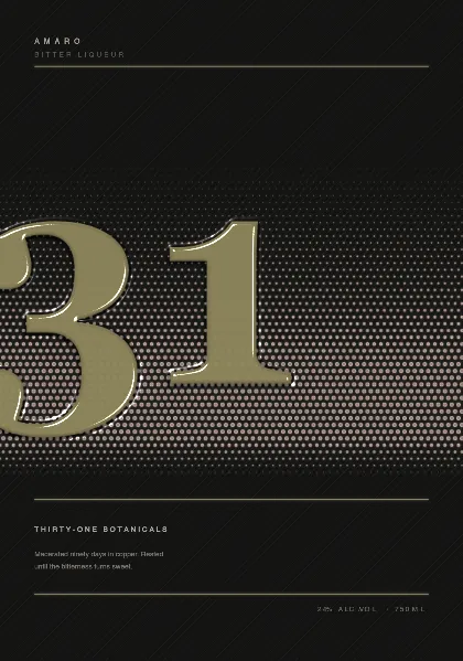 AMARO 31 — a dark label with a halftone-screened hot foil numeral