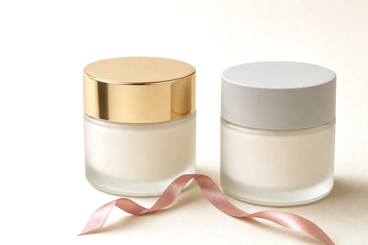 One frosted cream jar shown twice, identical except the lid finish: gold foil versus warm-gray soft-touch