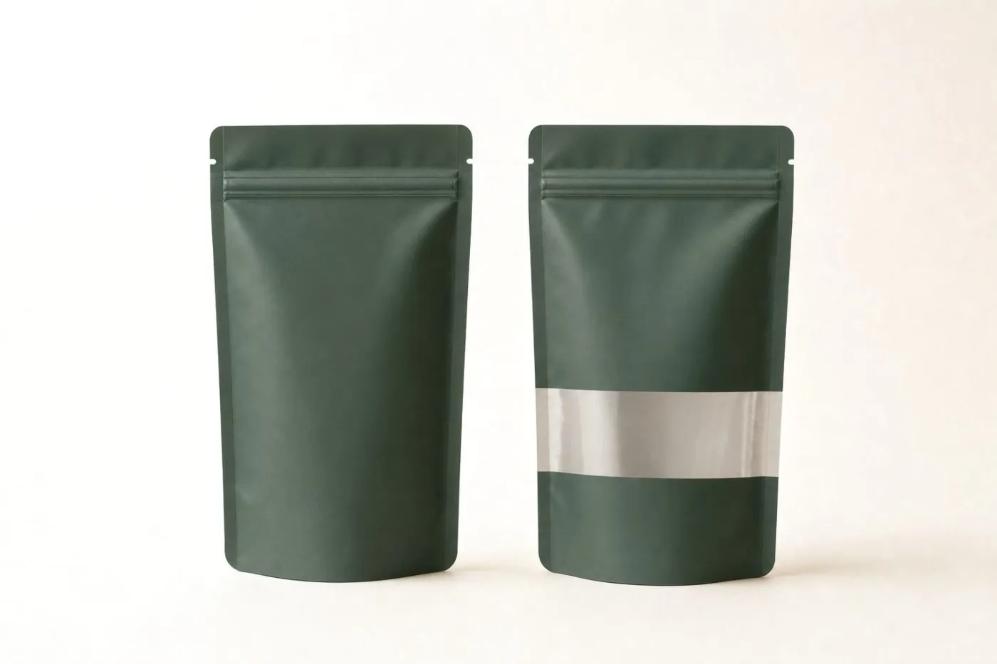 Two matching forest-green pouches, one child-resistant and opaque, one standard with a translucent panel
