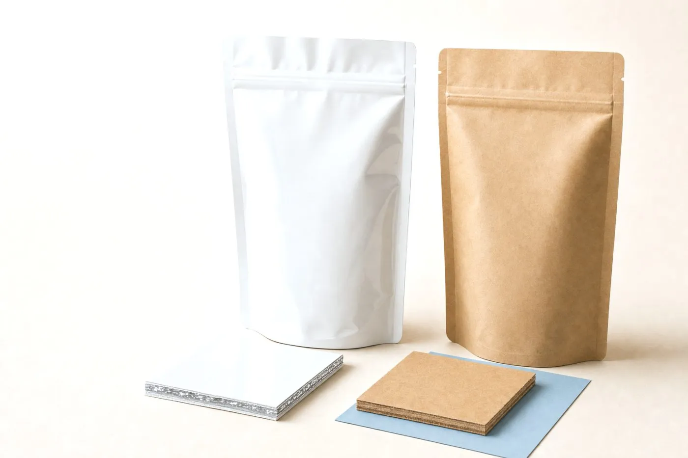A laminated film pouch and a kraft mono-material pouch with sectioned material swatches laid in front like lab samples