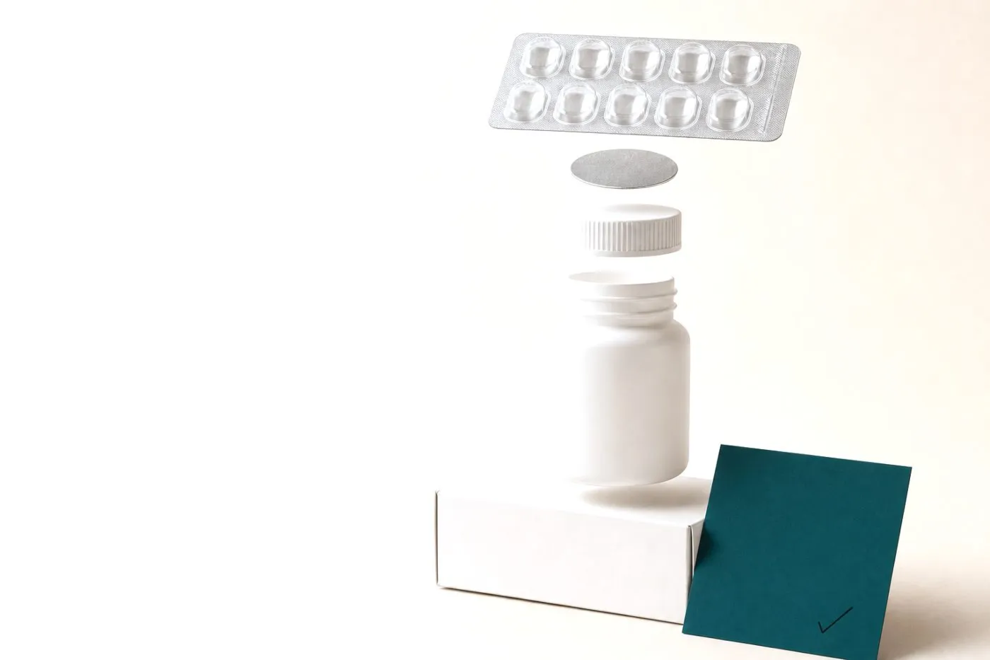 Supplement packaging components exploded in a vertical line: a unit-dose blister strip, a 38 mm induction foil liner, a child-resistant closure, a 150 cc HDPE packer bottle, an SBS folding carton, and a printed leaflet insert leaning against it